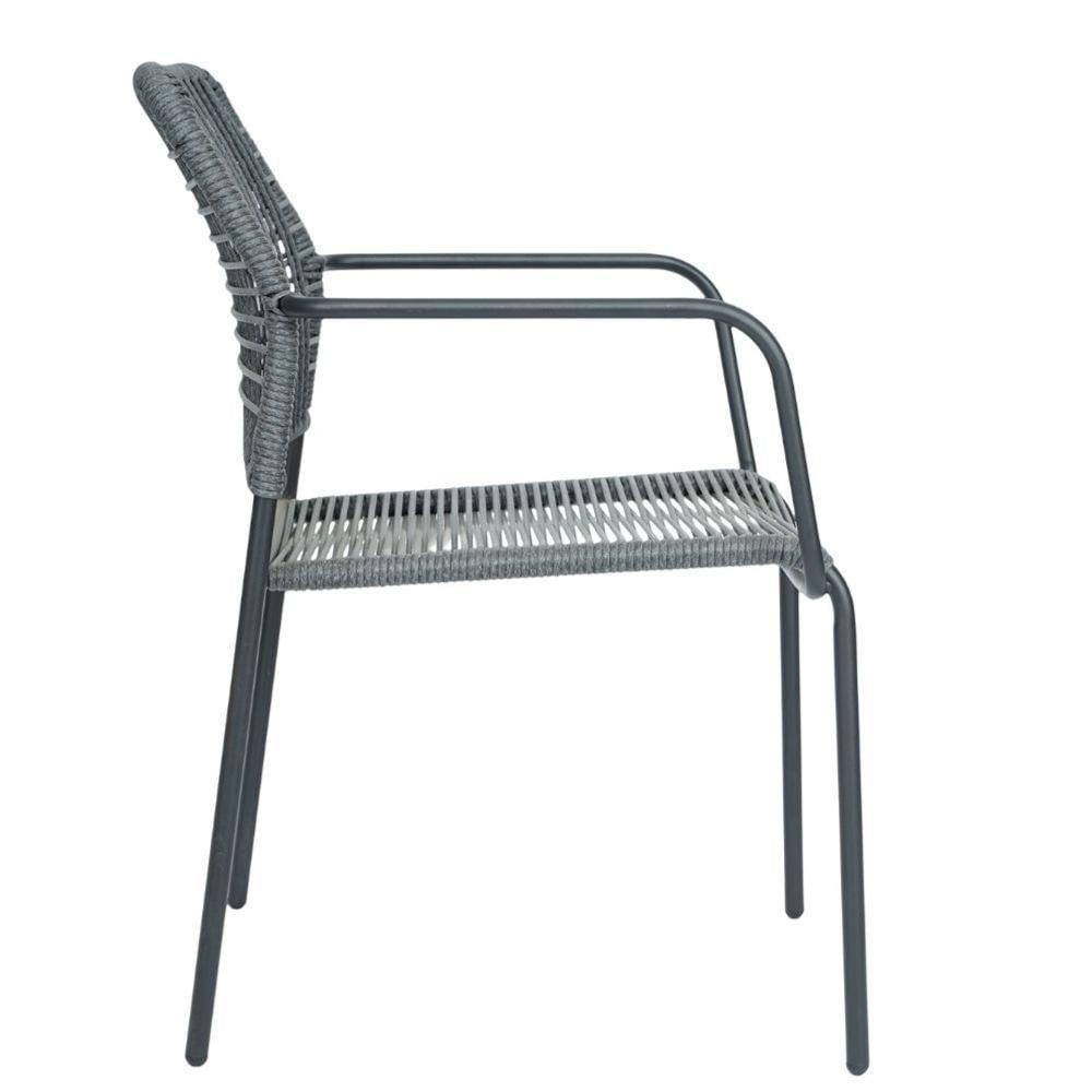 Kit 4 Cadeiras Com Braços Empilhável Copacabana Fratini Aço Carbono Preto Trama Corda Náutica Preta - 4