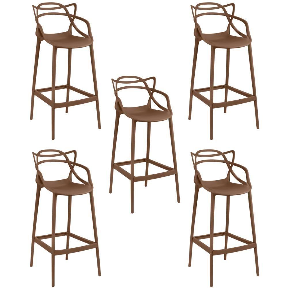 Kit 5 Banqueta Alta Allegra Com Encosto Design Cozinha/bancada - Marrom - 1