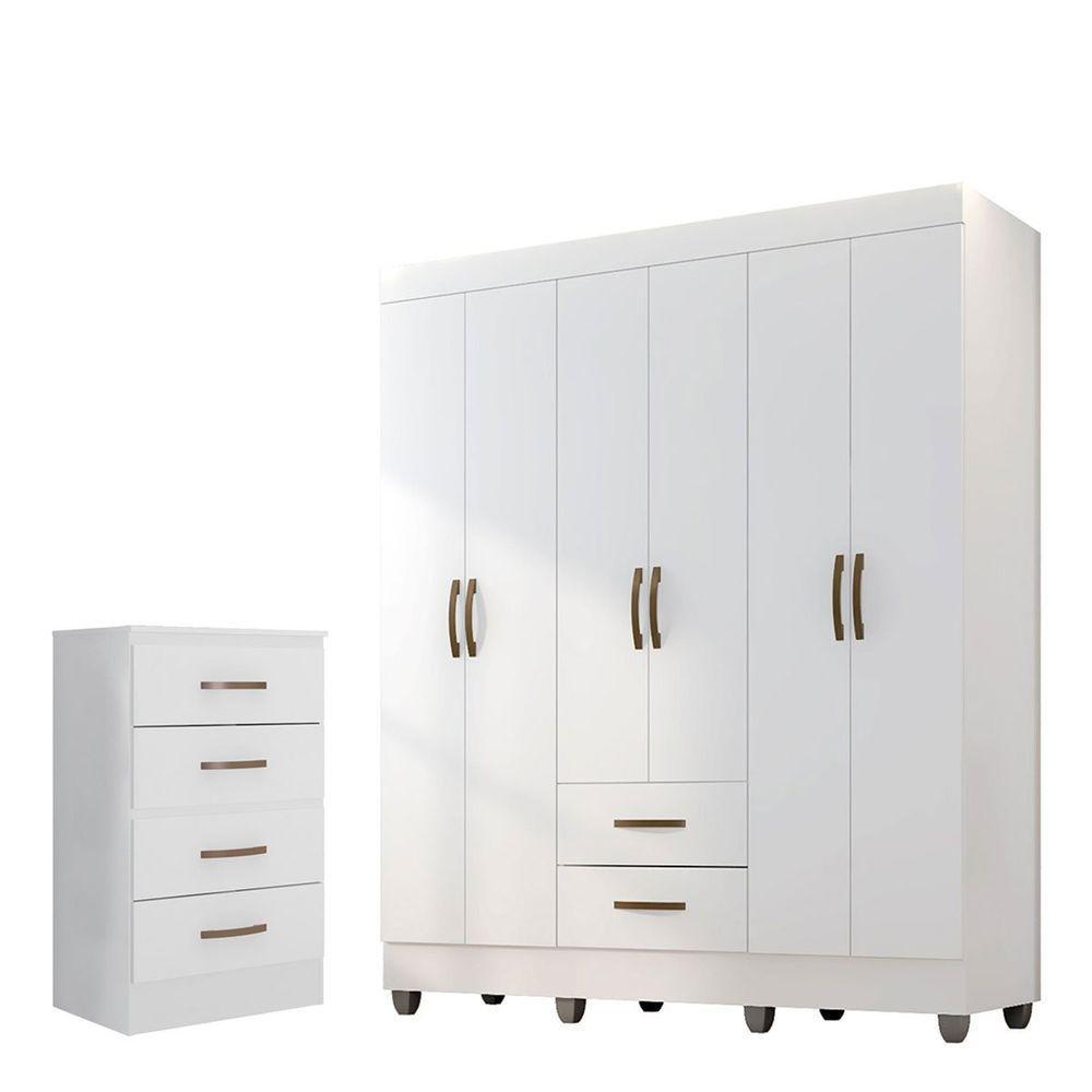 Kit Guarda-roupa Casal 6 Portas Com Cômoda 4 Gavetas Lisa Branco - 1