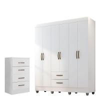 Kit Guarda-roupa Casal 6 Portas Com Cômoda 4 Gavetas Lisa Branco - 1