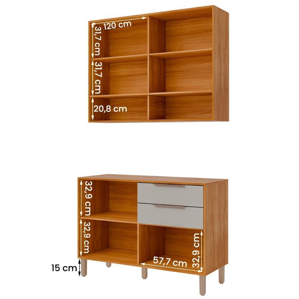 Armário Aéreo Com Balcão Divina 120cm Com 4 Portas 2 Gavetas Cinamomo/off White - 3