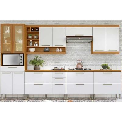 Cozinha Completa Burguesa 13 Portas 5 Gavetas MDF 7 Módulos Off White Freijó