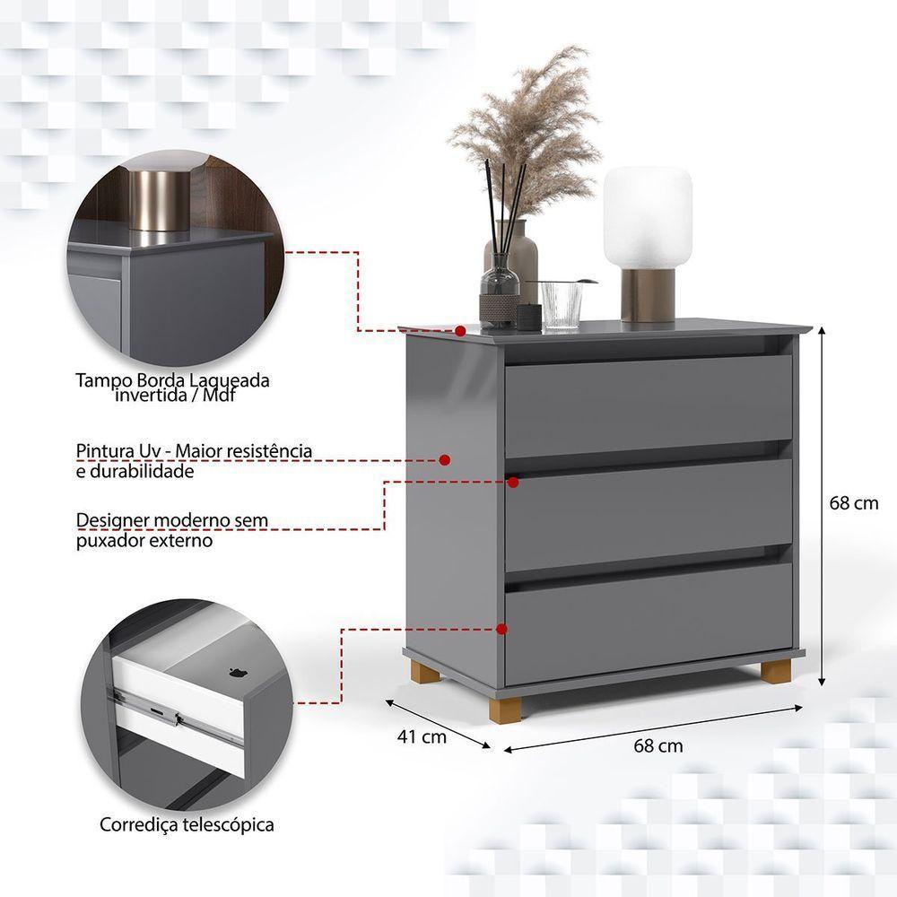 Mini Cômoda Para Quarto 3 Gavetas Prisma Cinza - 3