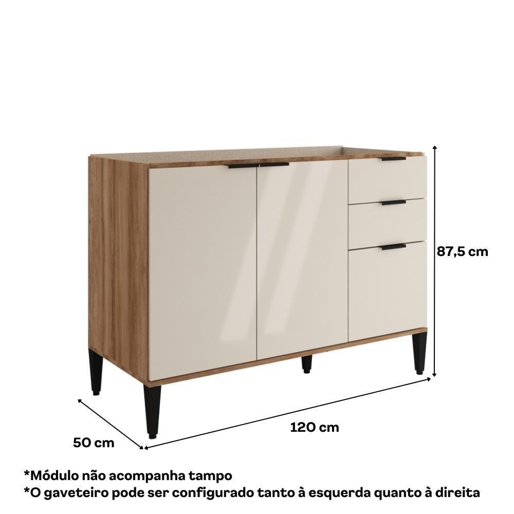Balcão De Cozinha Miami 1200mm 2 Portas 3 Gavetas Sem Tampo Carraro Freijó Com Off White - 2