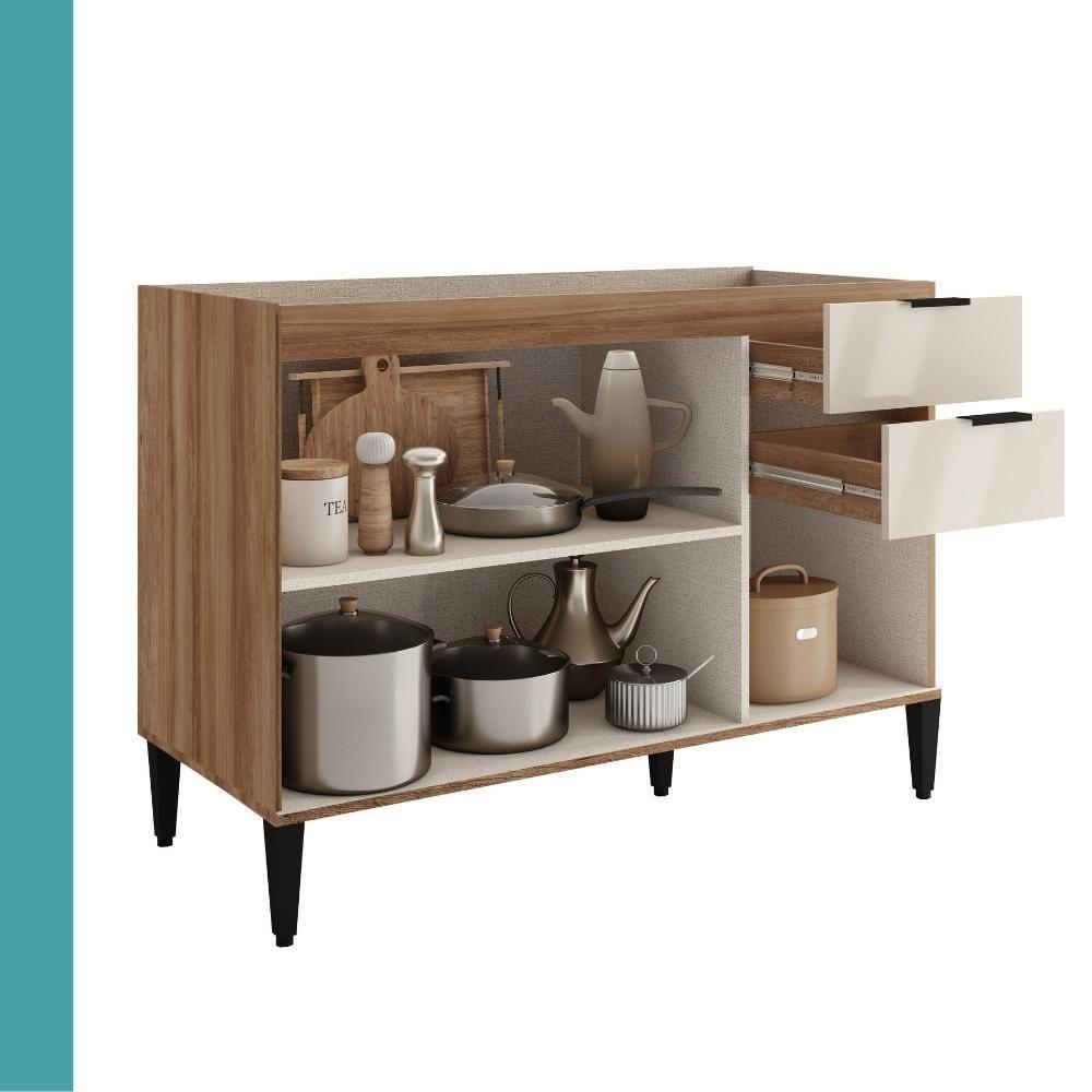 Balcão De Cozinha Miami 1200mm 2 Portas 3 Gavetas Sem Tampo Carraro Freijó Com Off White - 3