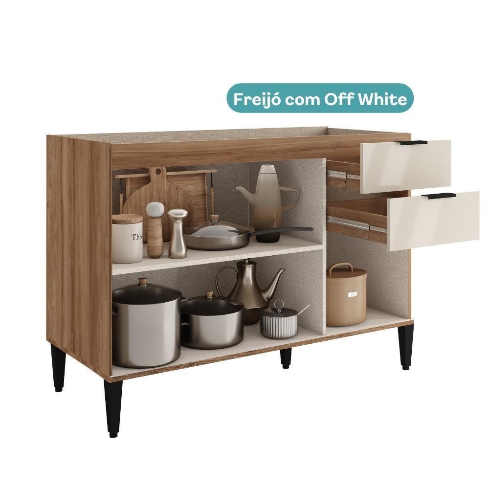 Balcão De Cozinha Miami 1200mm 2 Portas 3 Gavetas Sem Tampo Carraro Freijó Com Off White - 4