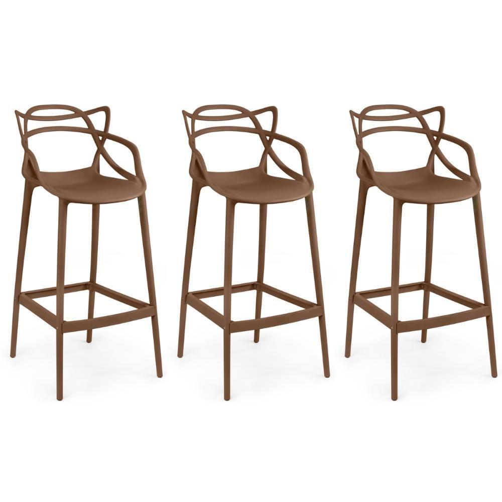 Kit 3 Banqueta Alta Allegra Com Encosto Design Cozinha/bancada - Marrom - 1