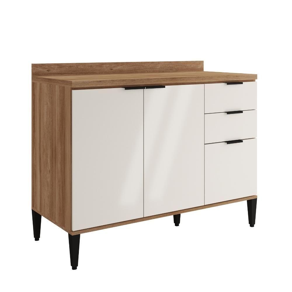Balcão De Cozinha Miami 1200mm 2 Portas 3 Gavetas Com Tampo Carraro Freijó Com Off White - 1