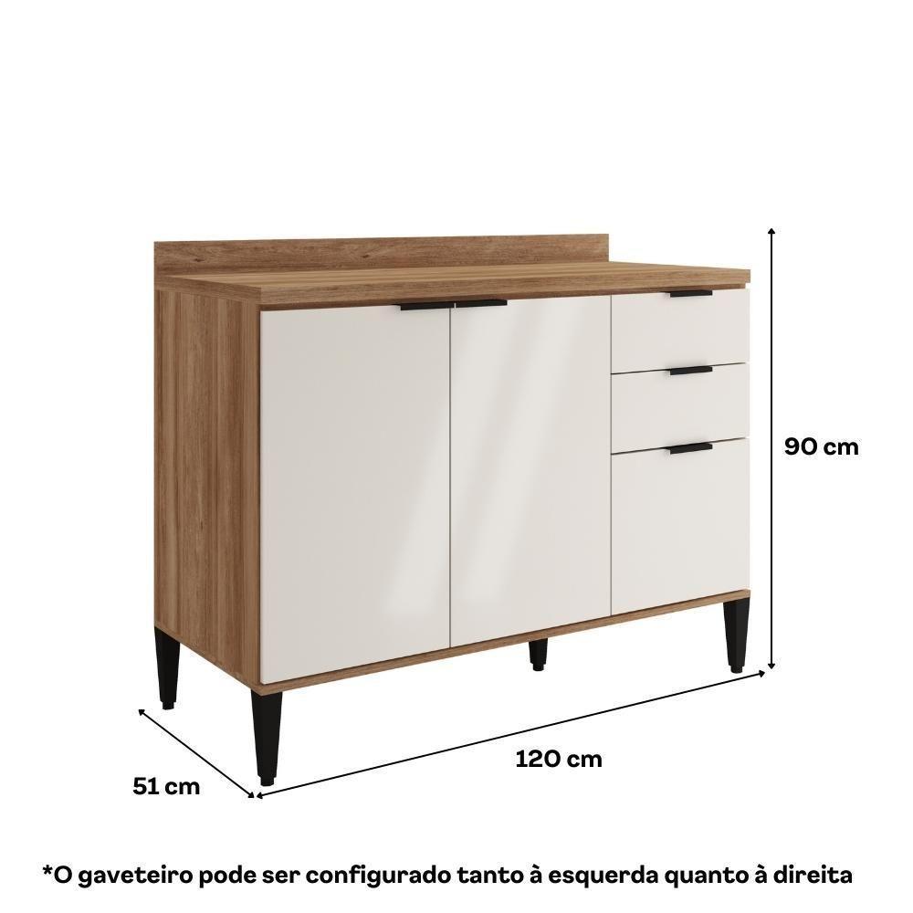 Balcão De Cozinha Miami 1200mm 2 Portas 3 Gavetas Com Tampo Carraro Freijó Com Off White - 2