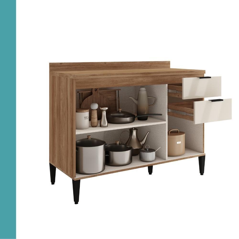 Balcão De Cozinha Miami 1200mm 2 Portas 3 Gavetas Com Tampo Carraro Freijó Com Off White - 3