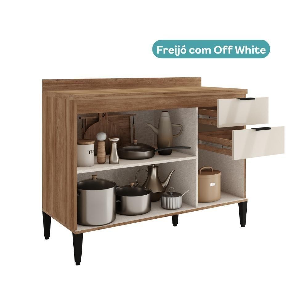 Balcão De Cozinha Miami 1200mm 2 Portas 3 Gavetas Com Tampo Carraro Freijó Com Off White - 4