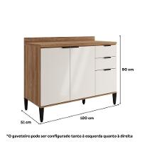 Balcão De Cozinha Miami 1200mm 2 Portas 3 Gavetas Com Tampo Carraro Freijó Com Off White - 2