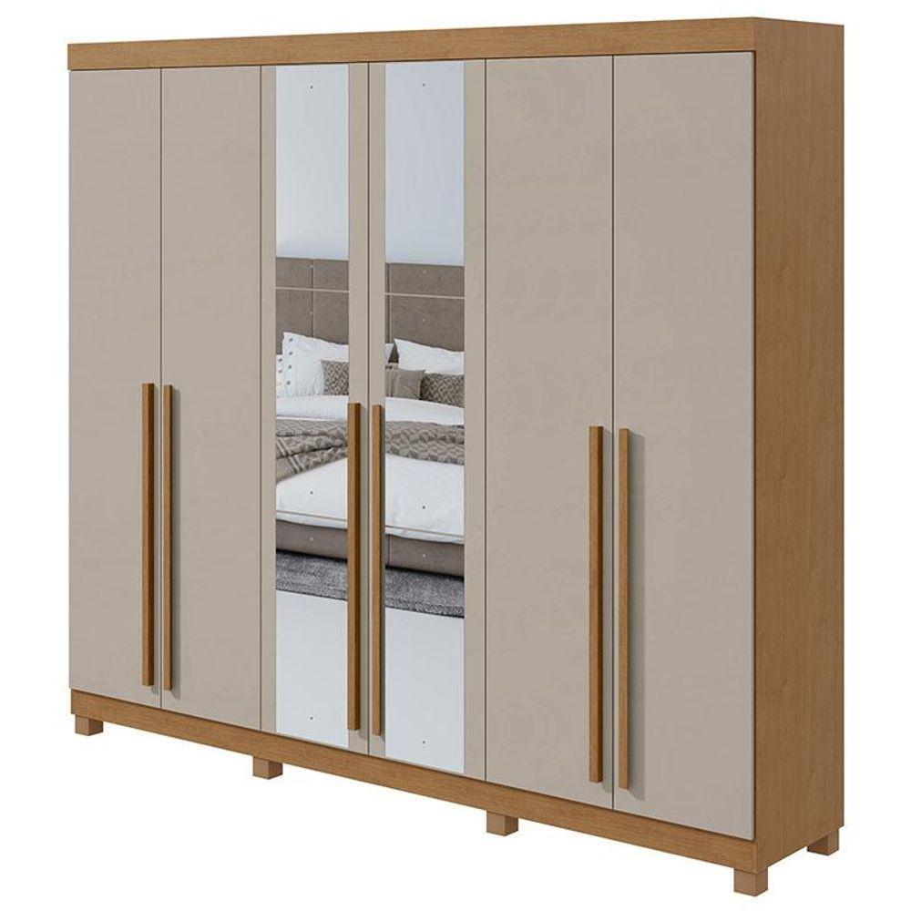 Guarda Roupa Casal Ambiente Bertha 6 Portas Amêndoa Clean Off White Com Pés E Espelho - Lopas - 6