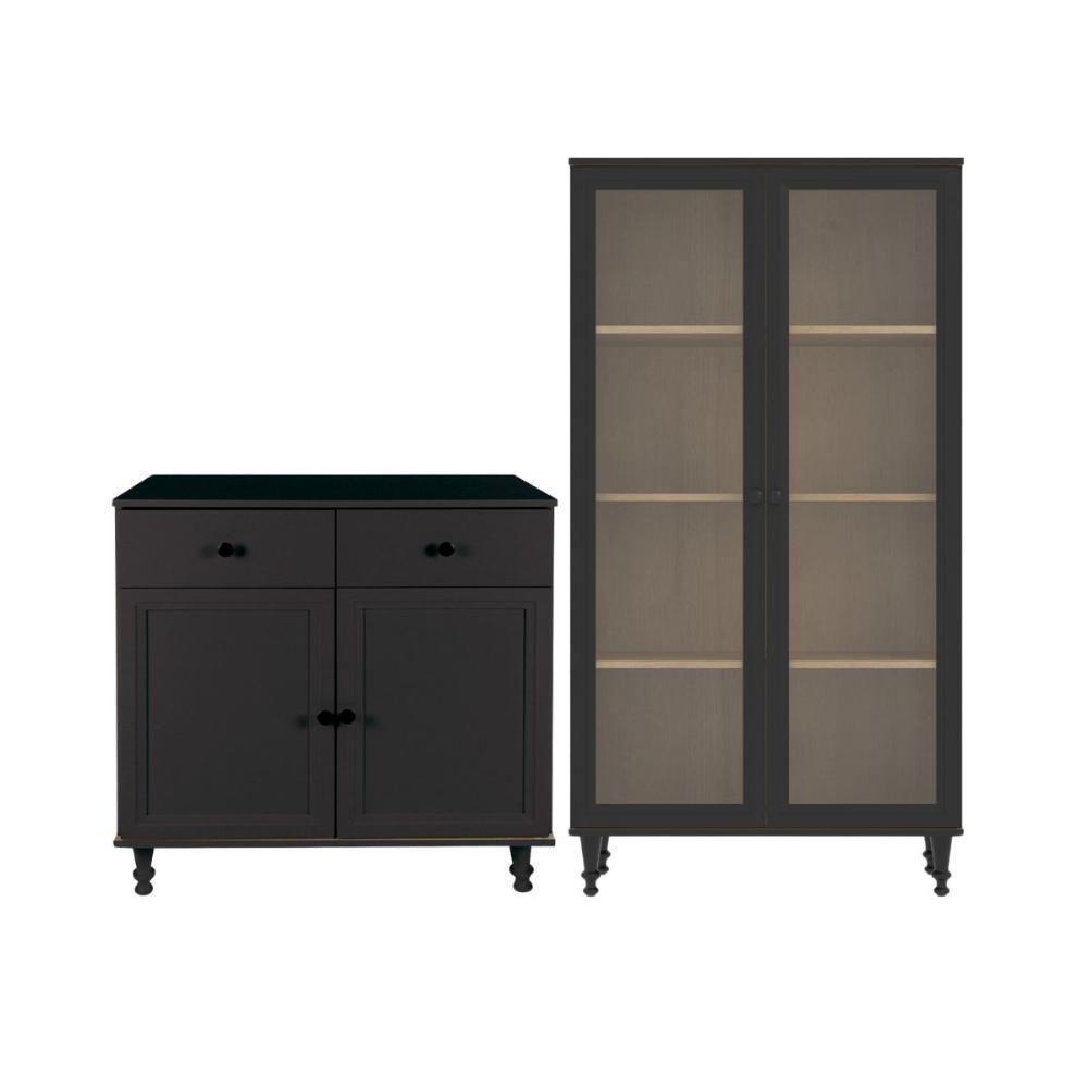 Aparador 2 Gavetas 2 Portas + Cristaleira Ditália 2 Portas R-629 E-957 Preto - 1