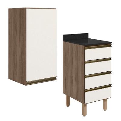 Armario Aereo E Balcao 1 Porta 4 Gavetas 40cm Mdf Kali Nicioli Carvalho Toq Off White Cetim