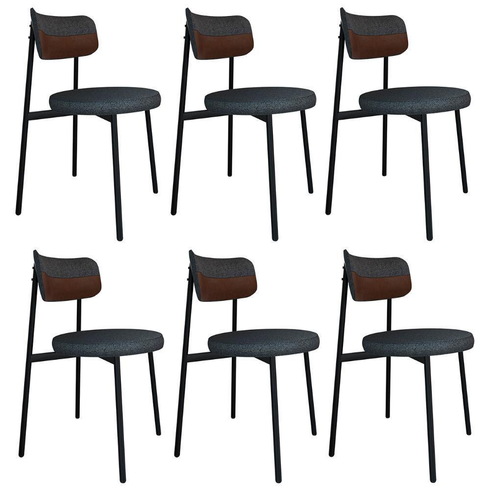 Cadeira De Jantar Estofada Kit 6 Nyka M25 Linho Grafite/marrom - Mpozenato - 1