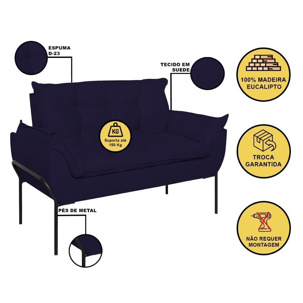 Sofá Namoradeira Base Metal Preta Reforçada Tecido Suede Azul Marinho - 2