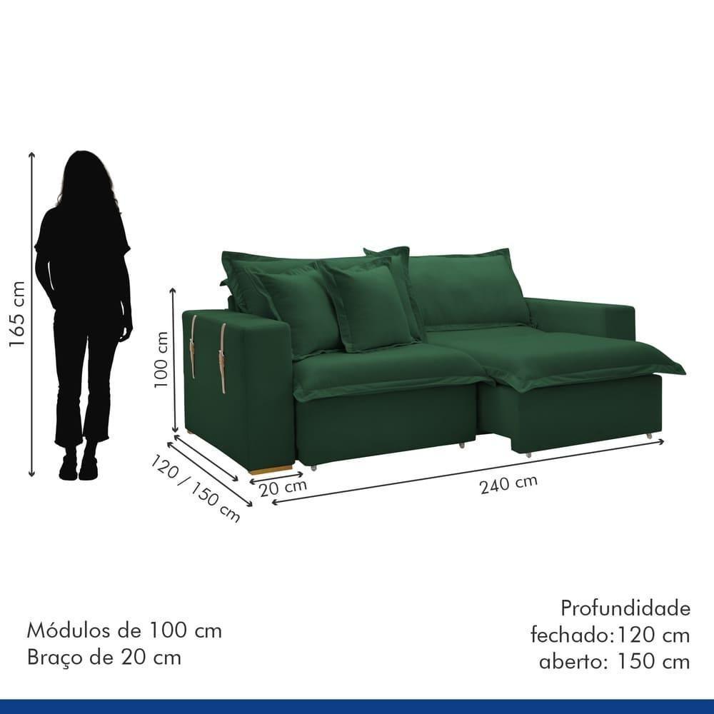 Sofá Cama Retrátil E Reclinável Arizona Veludo Verde 2,40m - 4