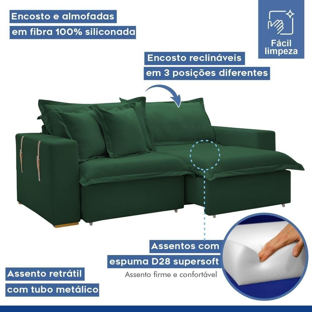 Sofá Cama Retrátil E Reclinável Arizona Veludo Verde 2,40m - 8