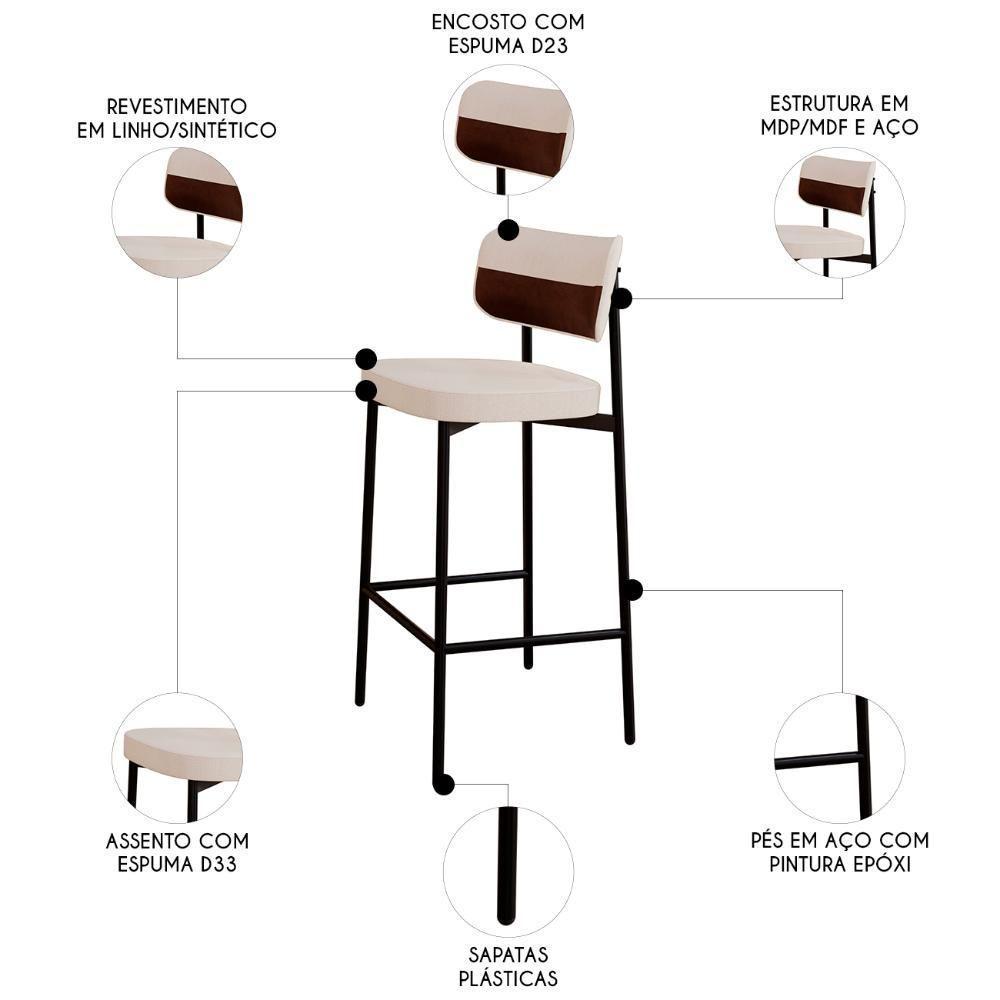 Banqueta Alta Bar Estofada Kit 3 Ella M25 Linho Palha/marrom - Mpozenato - 3