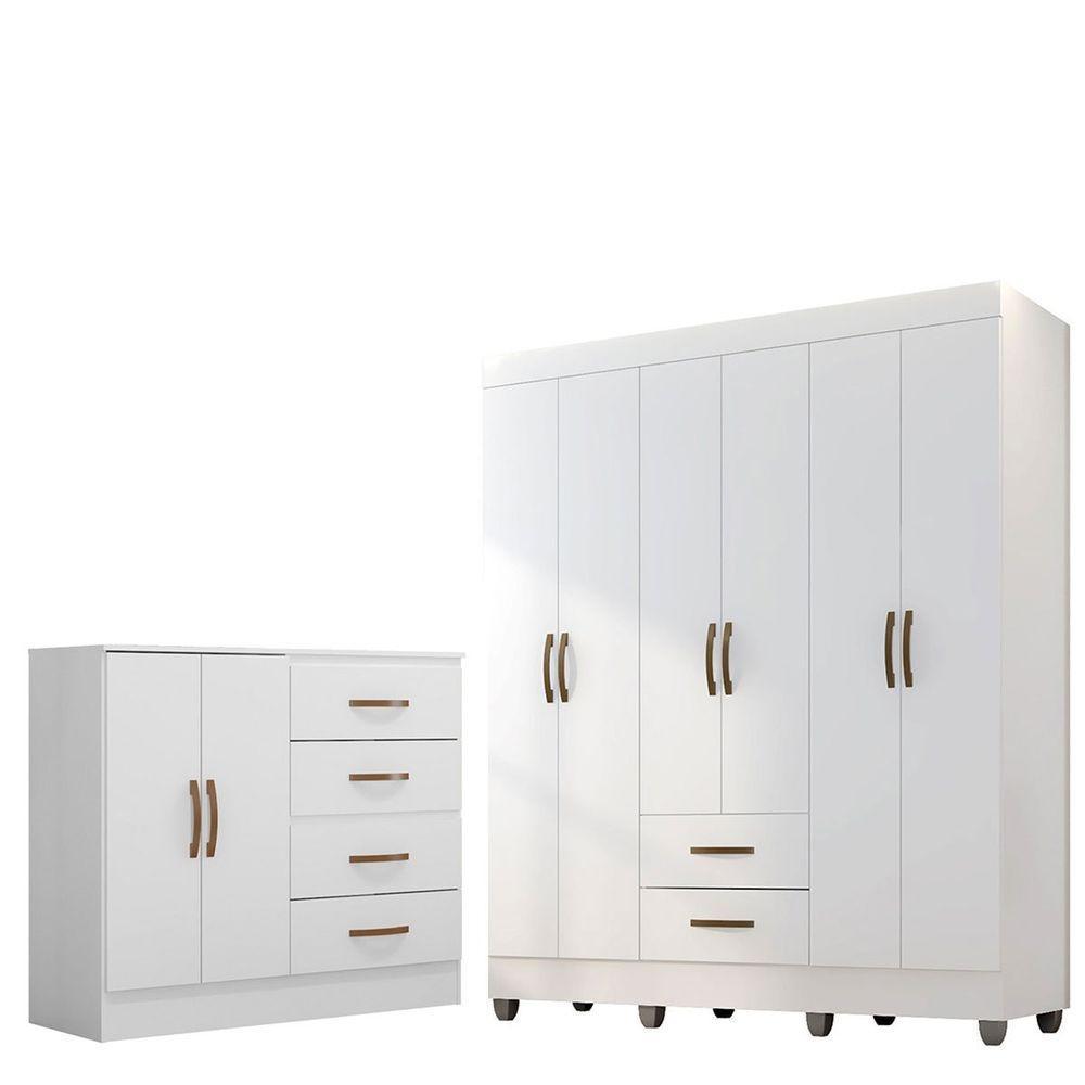 Kit Guarda-roupa Casal 6 Portas Com Cômoda Sapateira 4 Gavetas Lisa Branco - 1