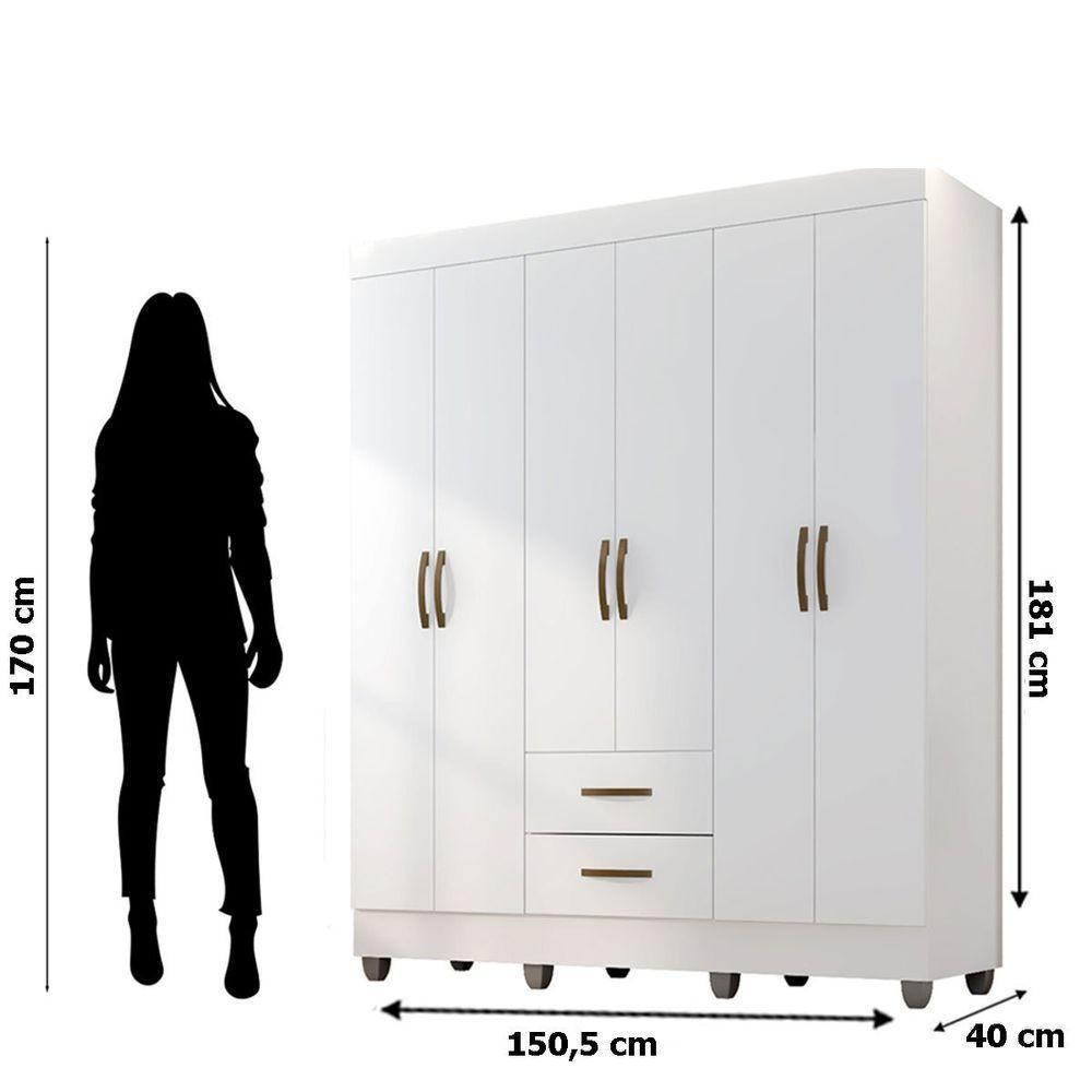 Kit Guarda-roupa Casal 6 Portas Com Cômoda Sapateira 4 Gavetas Lisa Branco - 8