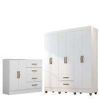 Kit Guarda-roupa Casal 6 Portas Com Cômoda Sapateira 4 Gavetas Lisa Branco - 1