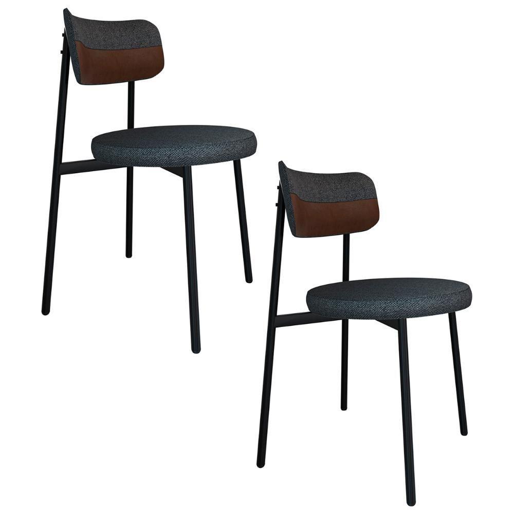 Cadeira De Jantar Estofada Kit 2 Nyka M25 Linho Grafite/marrom - Mpozenato - 1