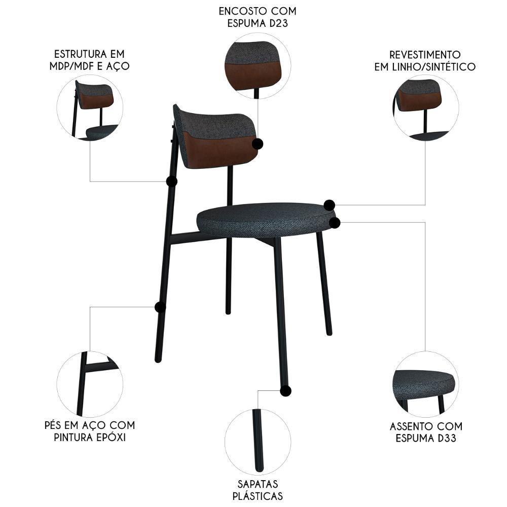 Cadeira De Jantar Estofada Kit 2 Nyka M25 Linho Grafite/marrom - Mpozenato - 3