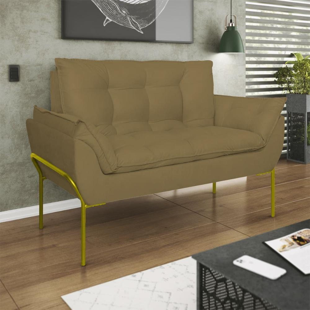 Sofá Namoradeira Base Metal Dourada Reforçada Tecido Suede Capuccino - 1