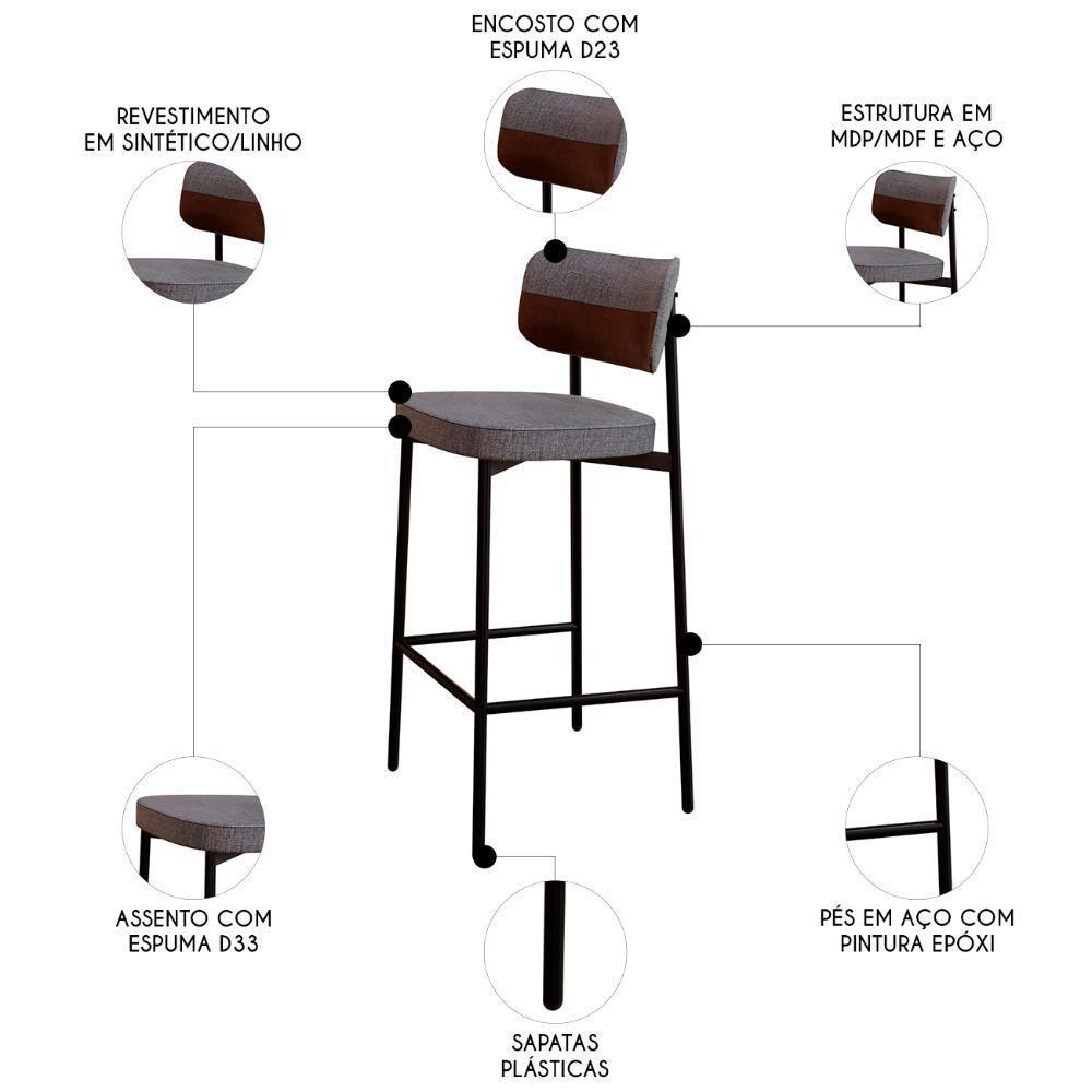 Banqueta Alta Bar Estofada Kit 2 Ella M25 Linho Cinza/marrom - Mpozenato - 3