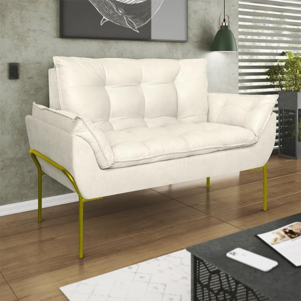Sofá Namoradeira Base Metal Dourada Reforçada Tecido Suede Bege - 1