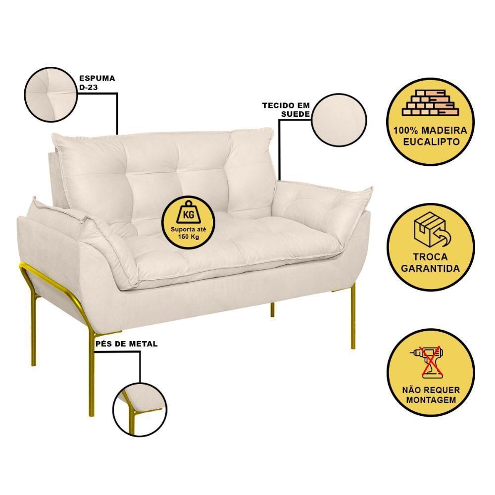 Sofá Namoradeira Base Metal Dourada Reforçada Tecido Suede Bege - 2