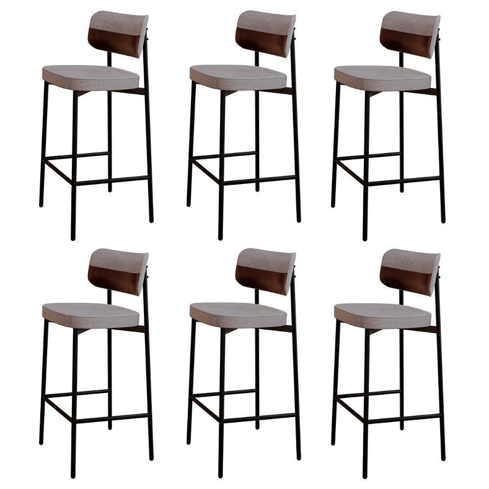 Banqueta Alta Bar Estofada Kit 6 Ella M25 Linho Cinza Cl/café - Mpozenato - 1