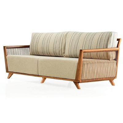 Sofá Odara Ozki 220 Cm Madeira Eucalipto Cedro Tecido Composê Bege E Verde Corda Redonda Rami