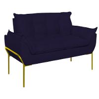 Sofá Namoradeira Base Metal Dourada Reforçada Tecido Suede Azul Marinho