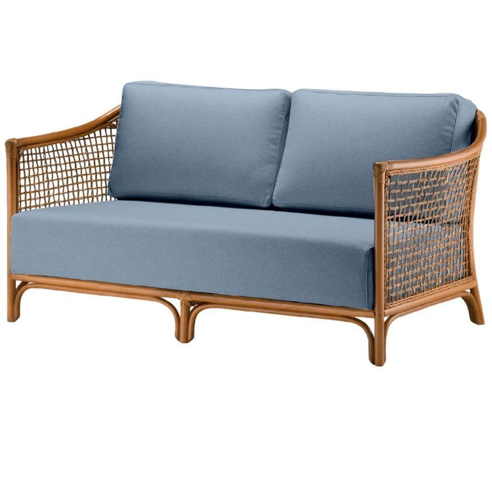 Sofá Oslen Ozki 152 Cm Madeira Eucalipto Cedro Tecido Azul Corda Junco Natural - 1