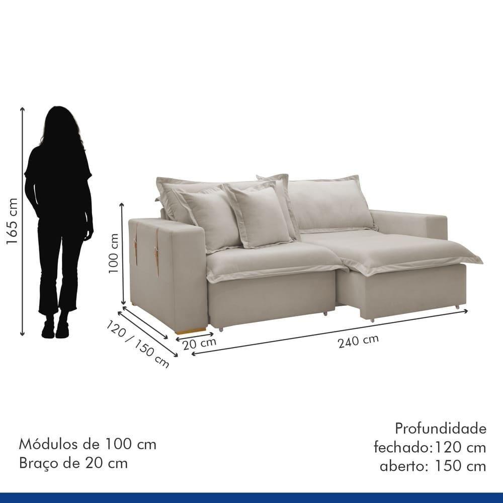 Sofá Cama Retrátil E Reclinável Arizona Veludo Bege Claro 2,40m - 5