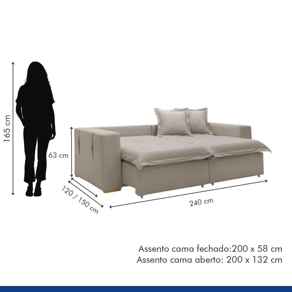 Sofá Cama Retrátil E Reclinável Arizona Veludo Bege Claro 2,40m - 9