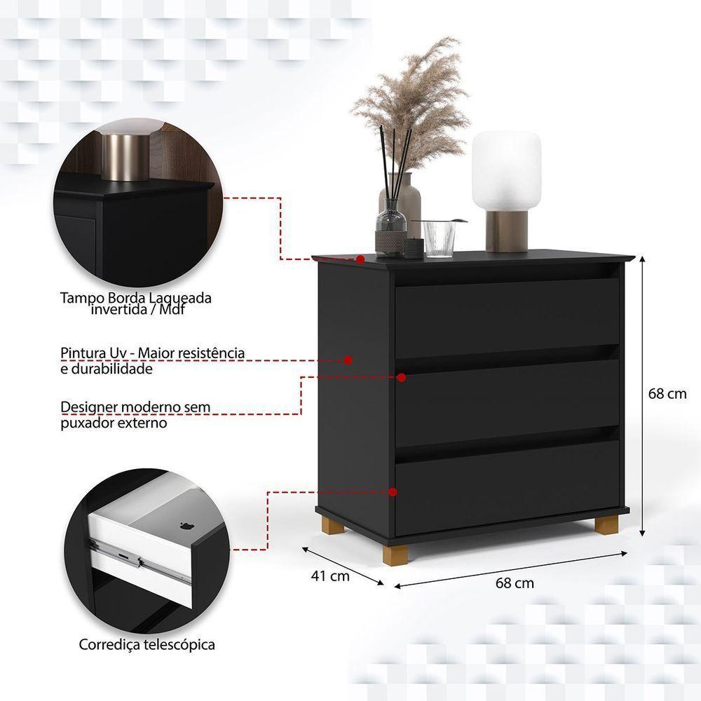 Mini Cômoda Para Quarto 3 Gavetas Prisma Preto - 3