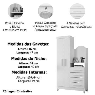 Guarda Roupa Solteiro com Cômoda Capri 2 Portas de Bater 4 Gavetas MDP Cinamomo-off White