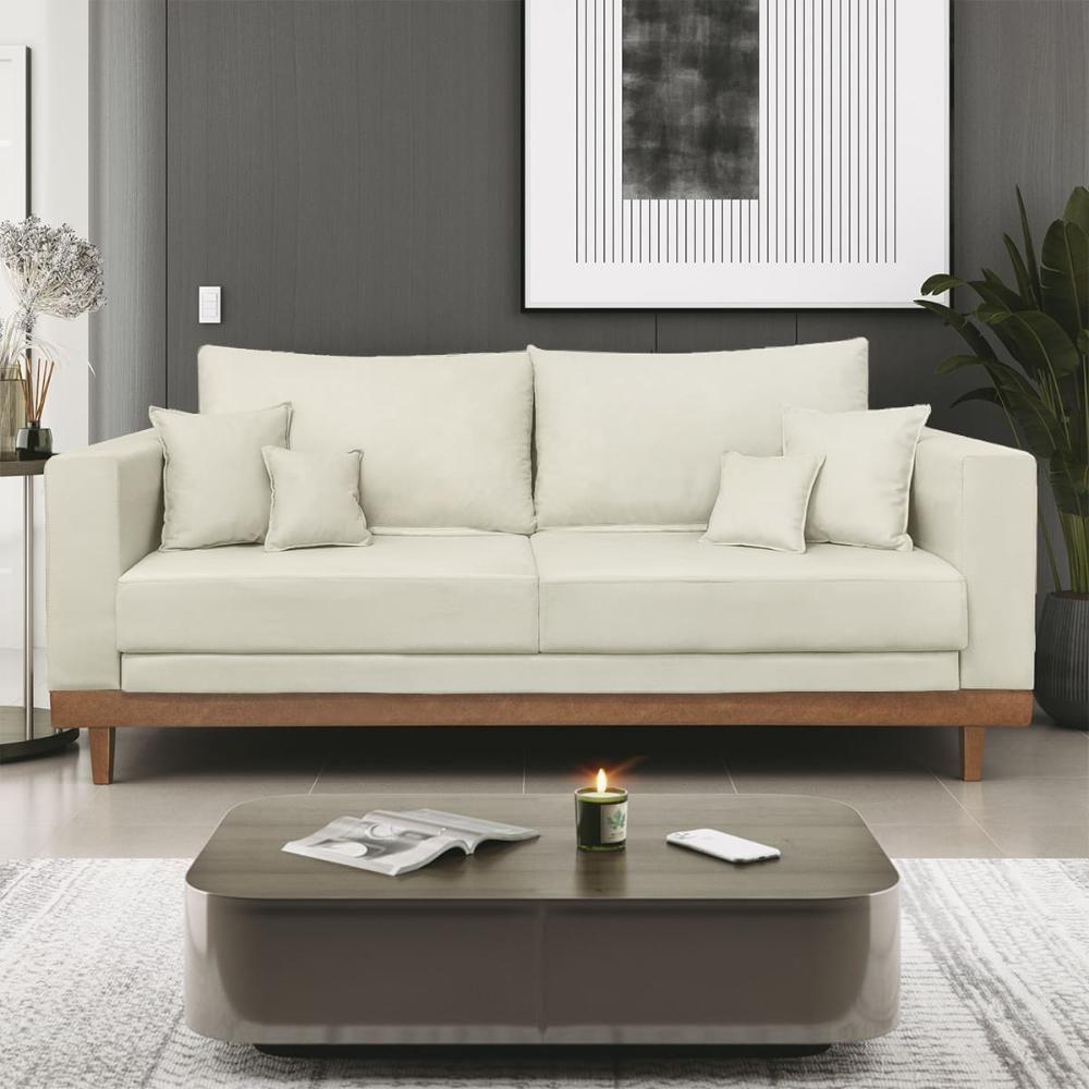 Sofá 3 Lugar Base Reforçada Madeira Tecido Suede + Almofada Bege - 1