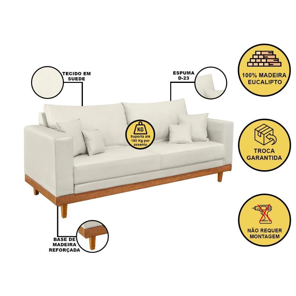 Sofá 3 Lugar Base Reforçada Madeira Tecido Suede + Almofada Bege - 2