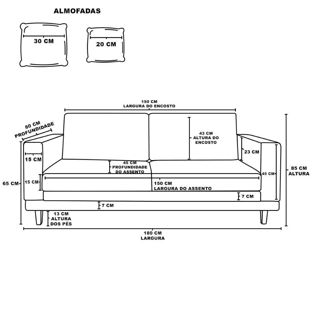 Sofá 3 Lugar Base Reforçada Madeira Tecido Suede + Almofada Bege - 3