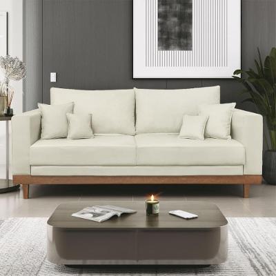 Sofá 3 Lugar Base Reforçada Madeira Tecido Suede + Almofada Bege