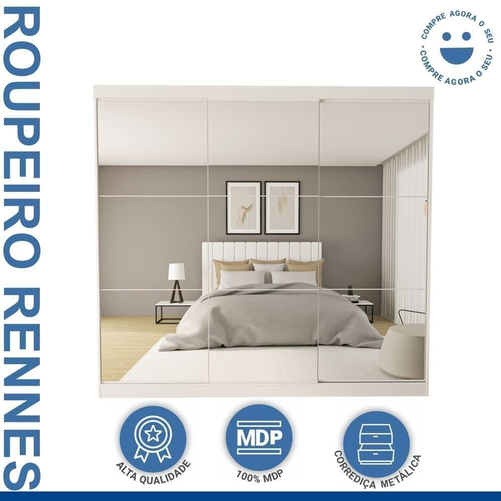 Guarda Roupa 3 Portas De Correr Todo Espelhado 4 Gavetas Rennes Minastex Branco - 5