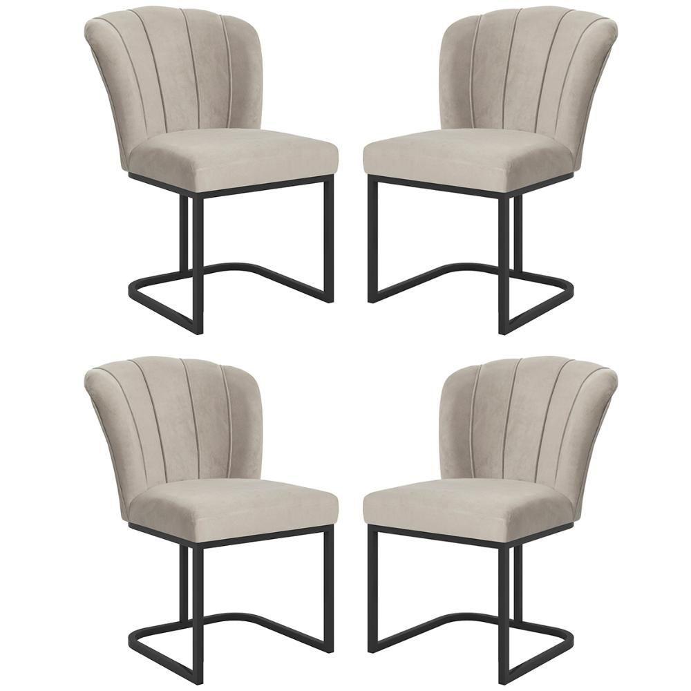 Kit 4 Cadeiras Jantar Flor Mesa Cozinha Reforçada Base Metal Preta Bege - 1