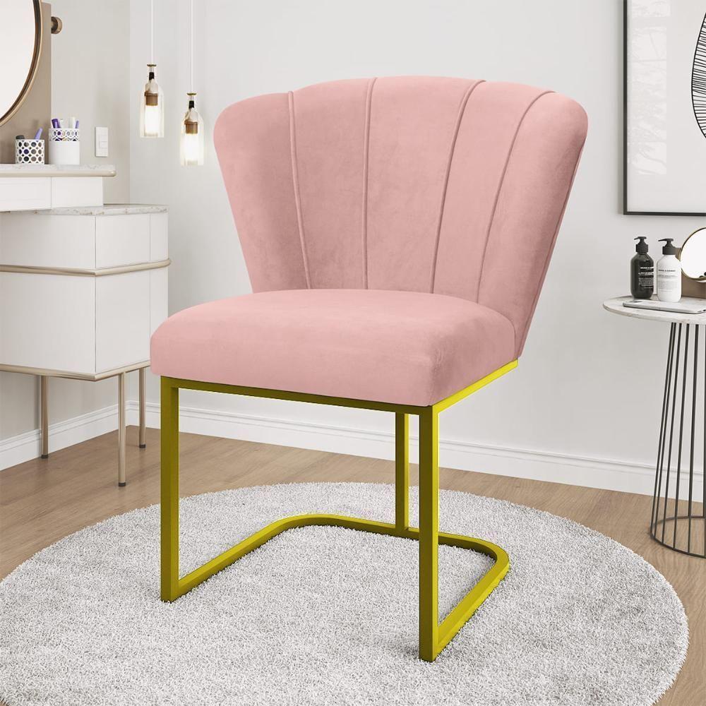 Cadeira Jantar Flor Mesa Cozinha Reforçada Base Metal Dourada Rosa - 1