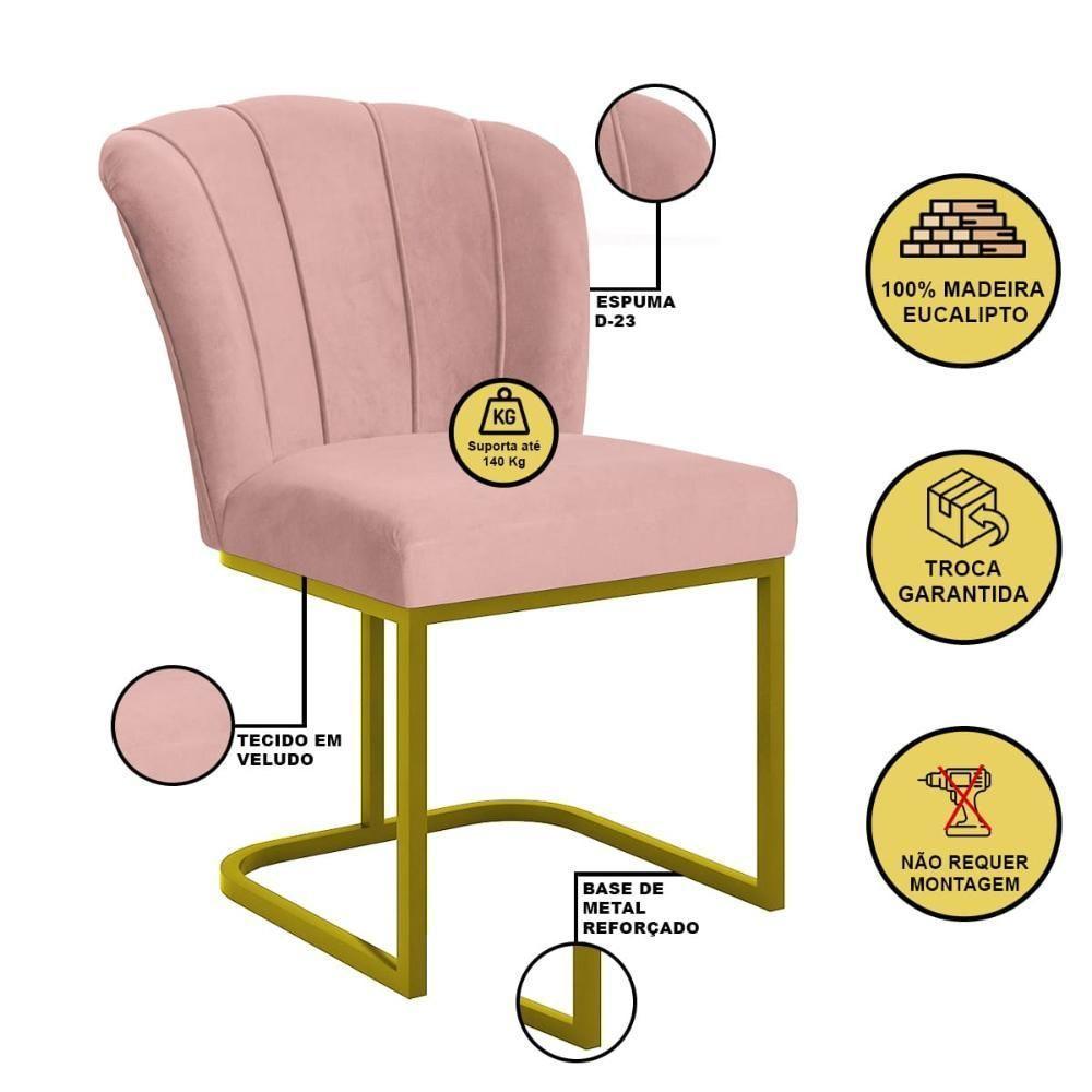 Cadeira Jantar Flor Mesa Cozinha Reforçada Base Metal Dourada Rosa - 2