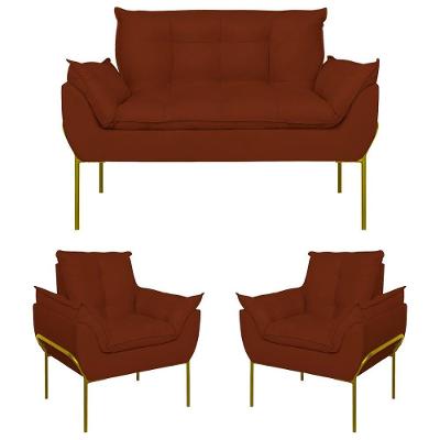 Kit 02 Poltronas + Namoradeira Reforçada Opala Metal Dourado Terracota